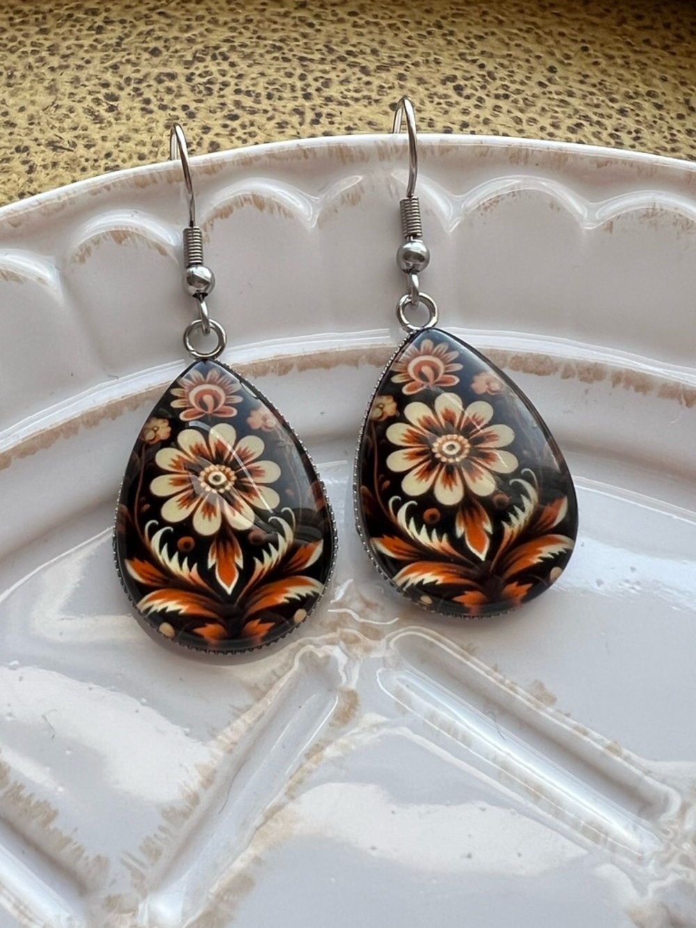 Boho Floral Teardrop Dangle Earrings Black Orange Cream Statement